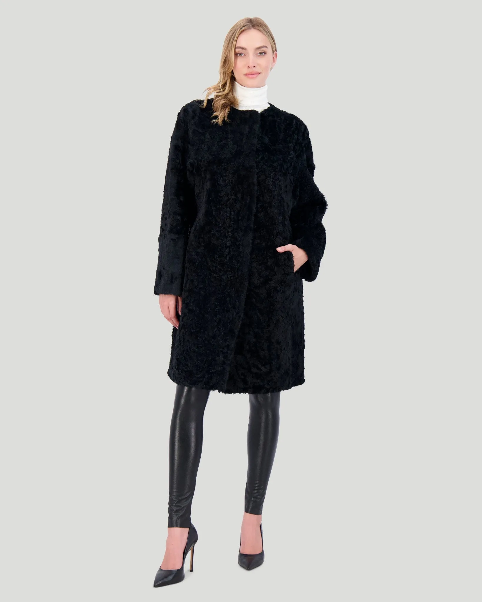 Reversible Collarless Select Shearling Lamb Short Coat with Buttons