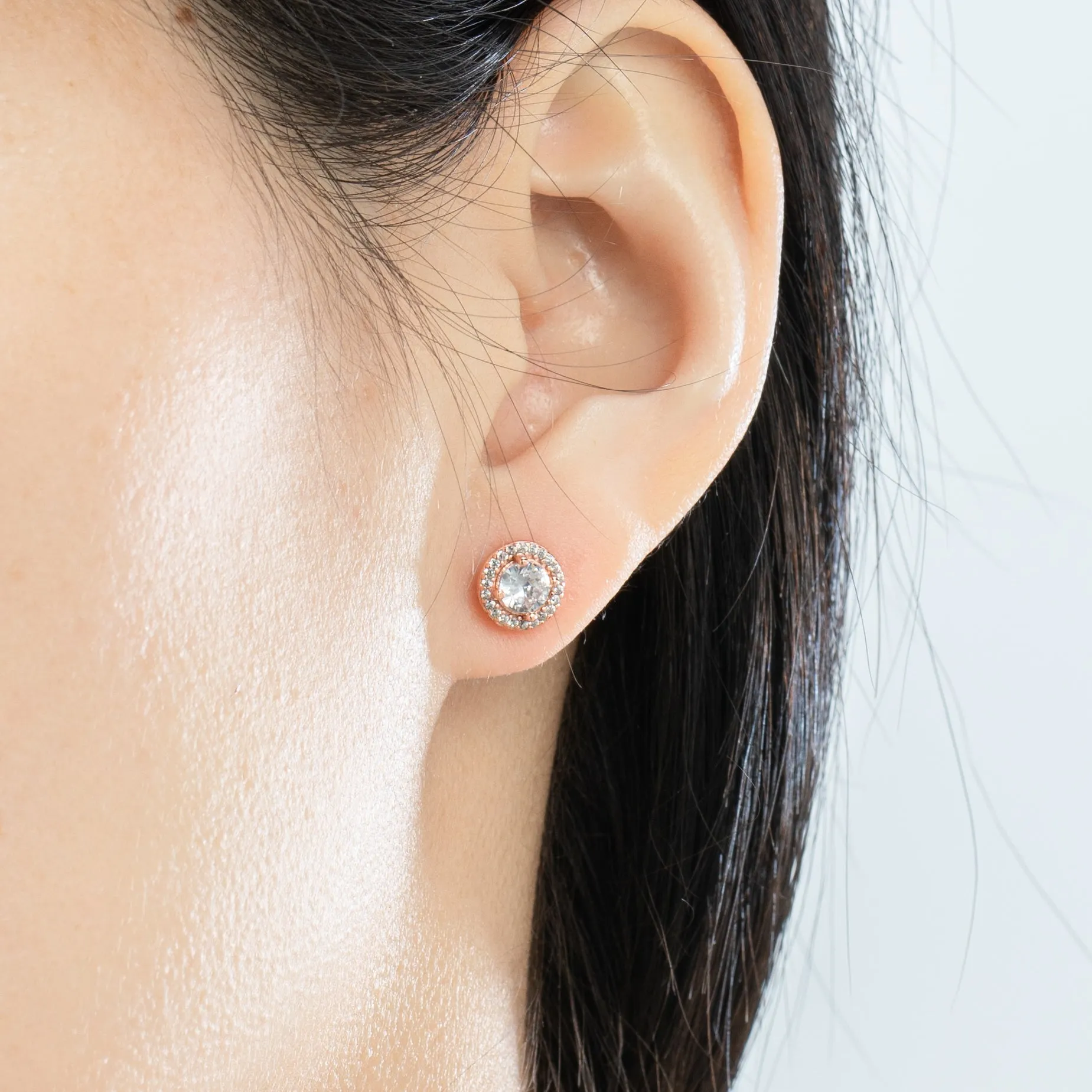 Rose Gold Round Sparkle Halo Crystal Pave Stud Earrings