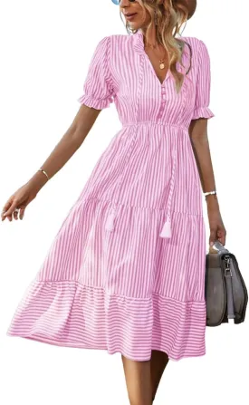 Sexyasasii Women's Summer Ruffle Puff Sleeve Dress Short Sleeve V Neck High Waist Casual Loose Striped Midi Dresses