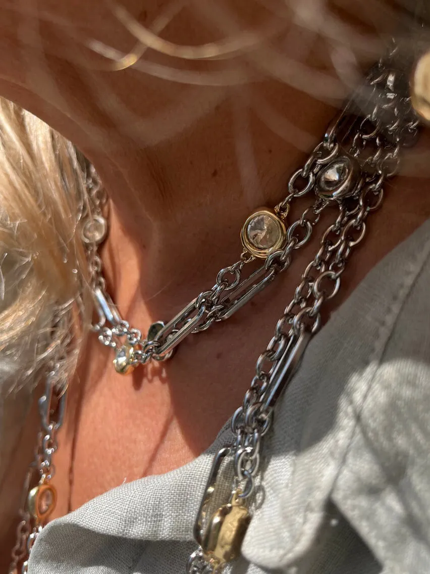 Short Contemporary Crystal Chain-Link Necklace In Gold & Silver-Tone