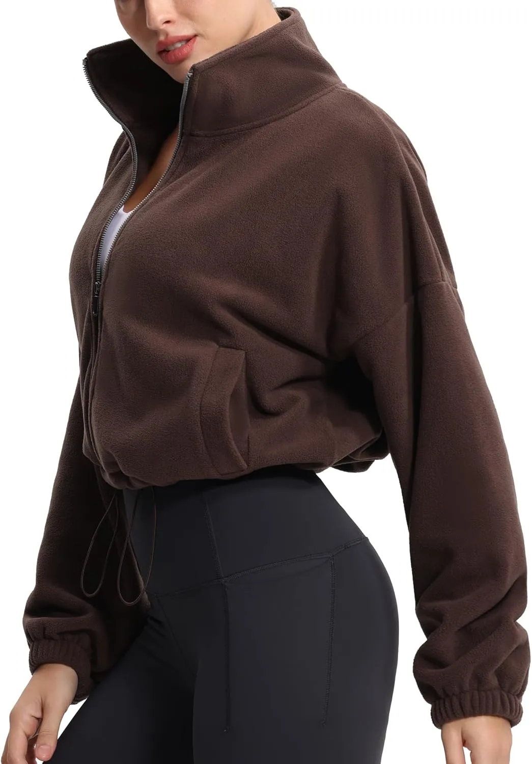 THE GYM PEOPLE Women's Fleece Cropped Jacket Full Zip Stand Collar Workout Short Sherpa Coats with Pockets Drawstring Hem