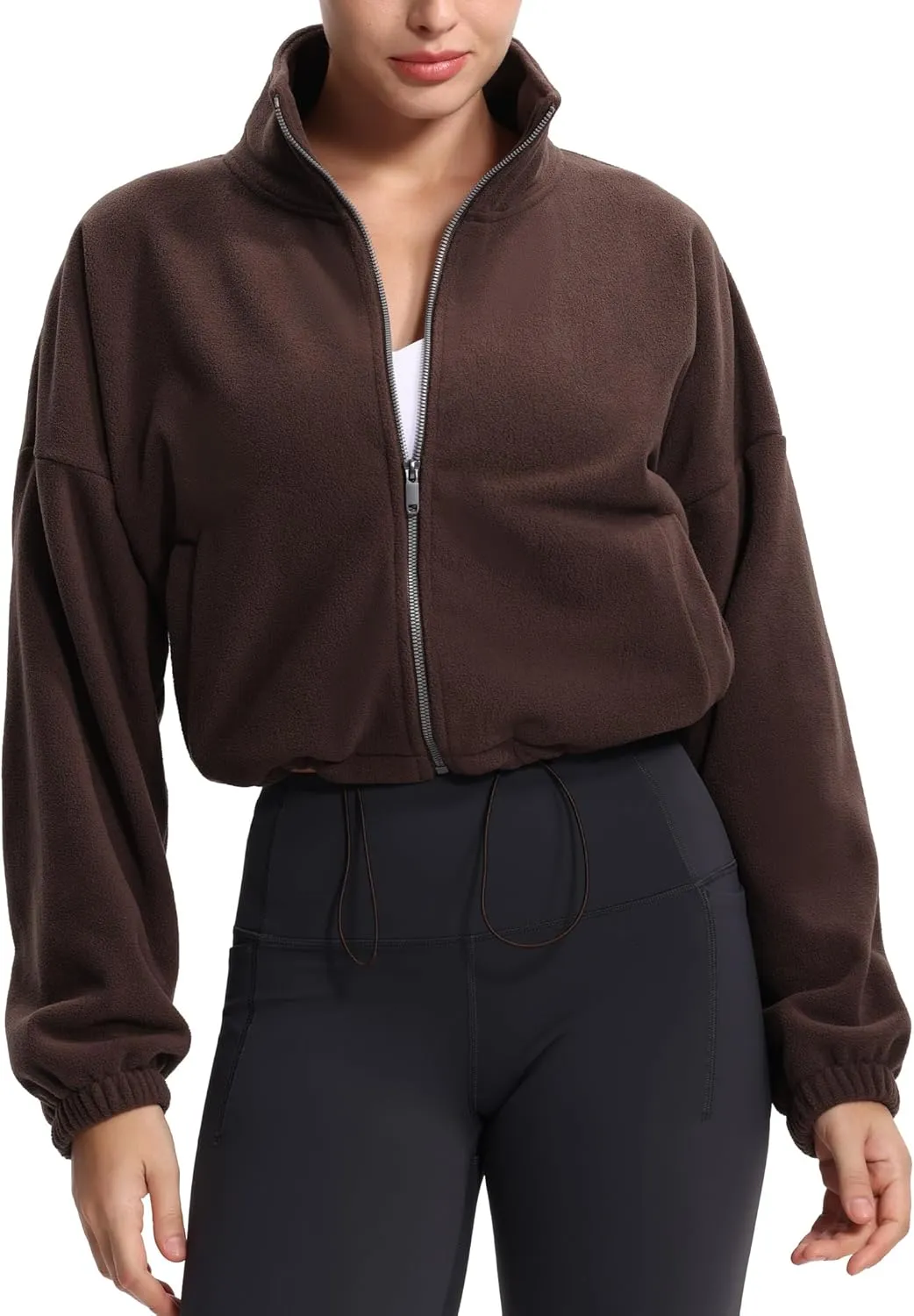 THE GYM PEOPLE Women's Fleece Cropped Jacket Full Zip Stand Collar Workout Short Sherpa Coats with Pockets Drawstring Hem