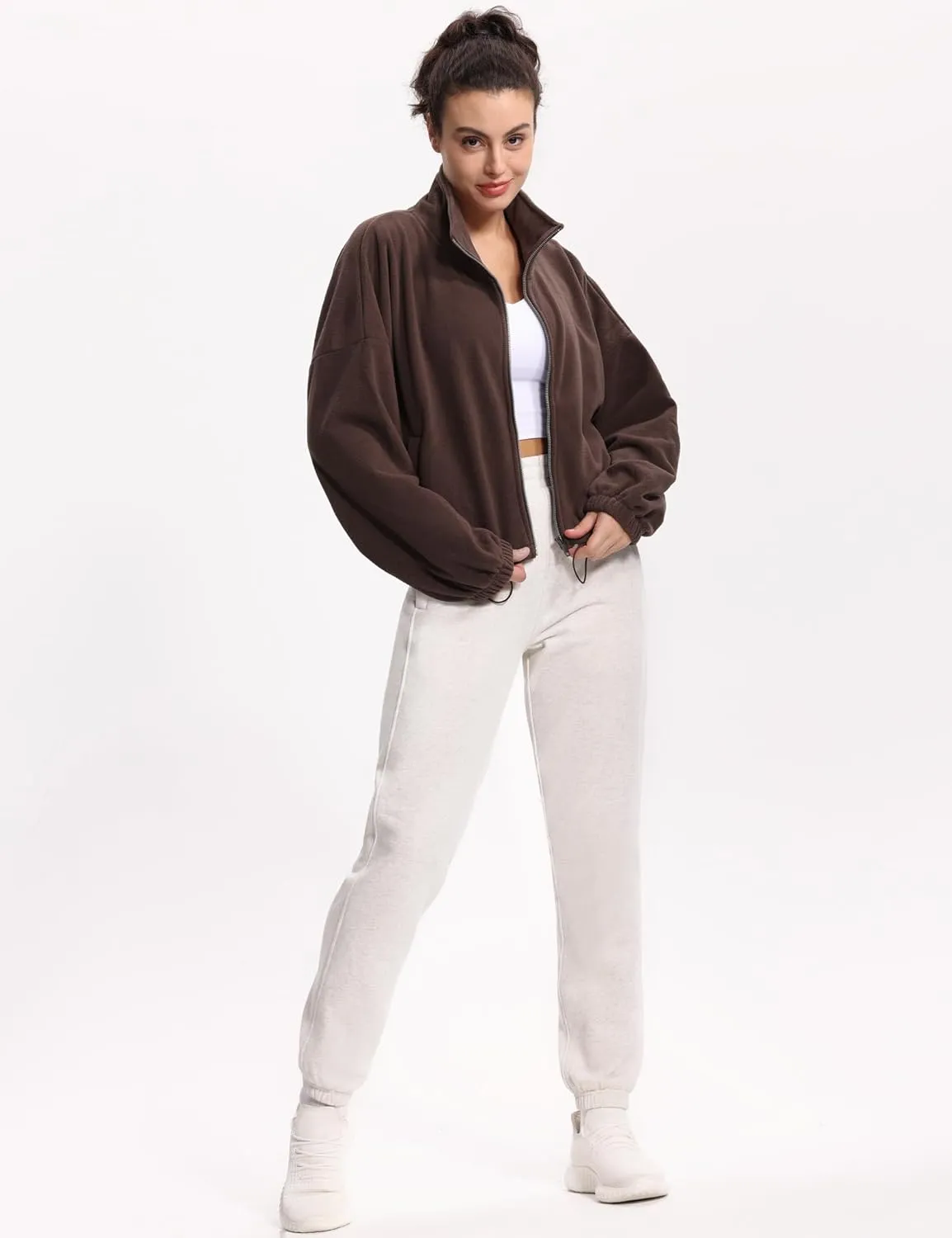 THE GYM PEOPLE Women's Fleece Cropped Jacket Full Zip Stand Collar Workout Short Sherpa Coats with Pockets Drawstring Hem