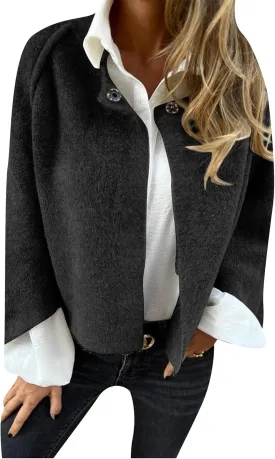 TYQQU Women's Wool Blend Cropped Coats Button Casual Bomber Jacket Fashion Batwing Sleeve Jacket