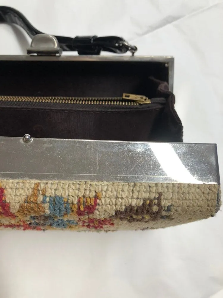Vintage 1960s Box Purse Needlepoint Floral Carpet Hand Bag 60s