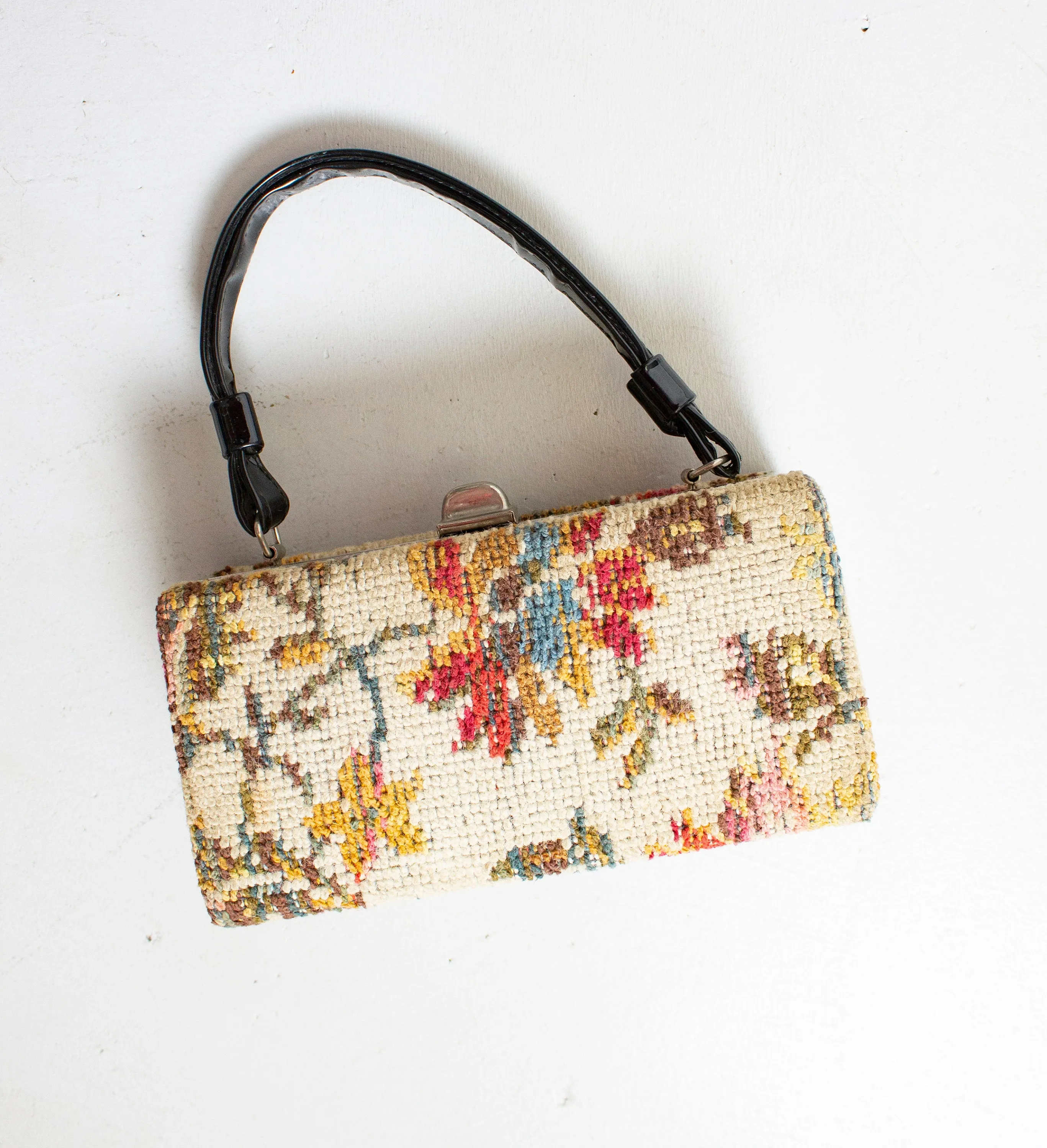 Vintage 1960s Box Purse Needlepoint Floral Carpet Hand Bag 60s