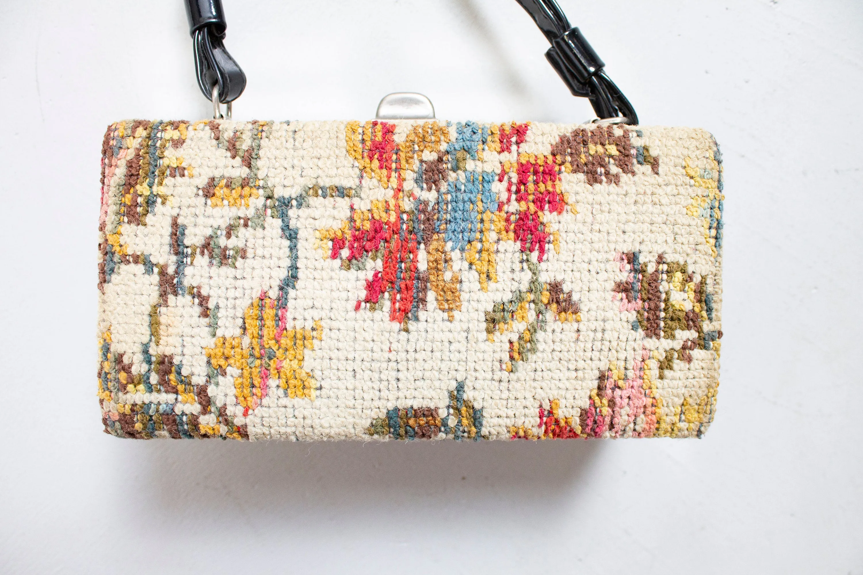 Vintage 1960s Box Purse Needlepoint Floral Carpet Hand Bag 60s