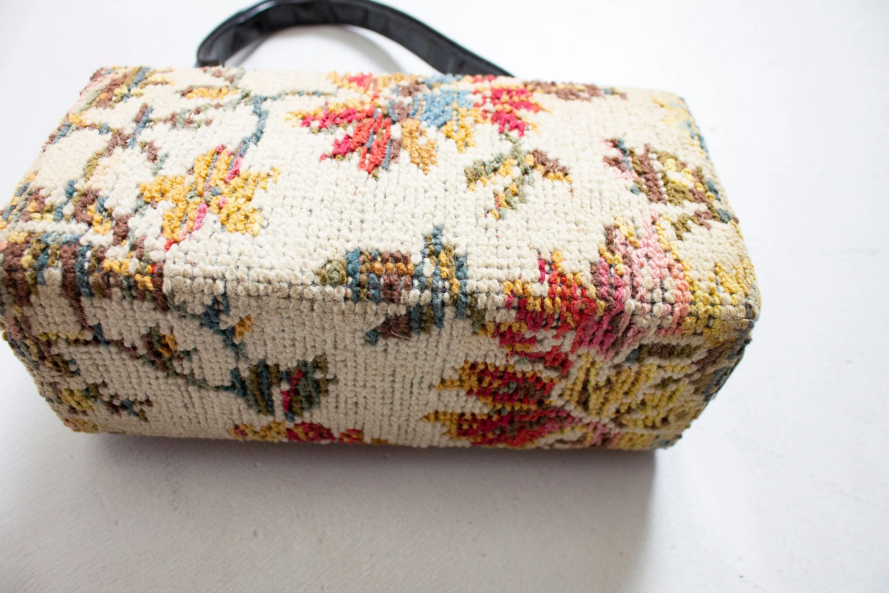 Vintage 1960s Box Purse Needlepoint Floral Carpet Hand Bag 60s