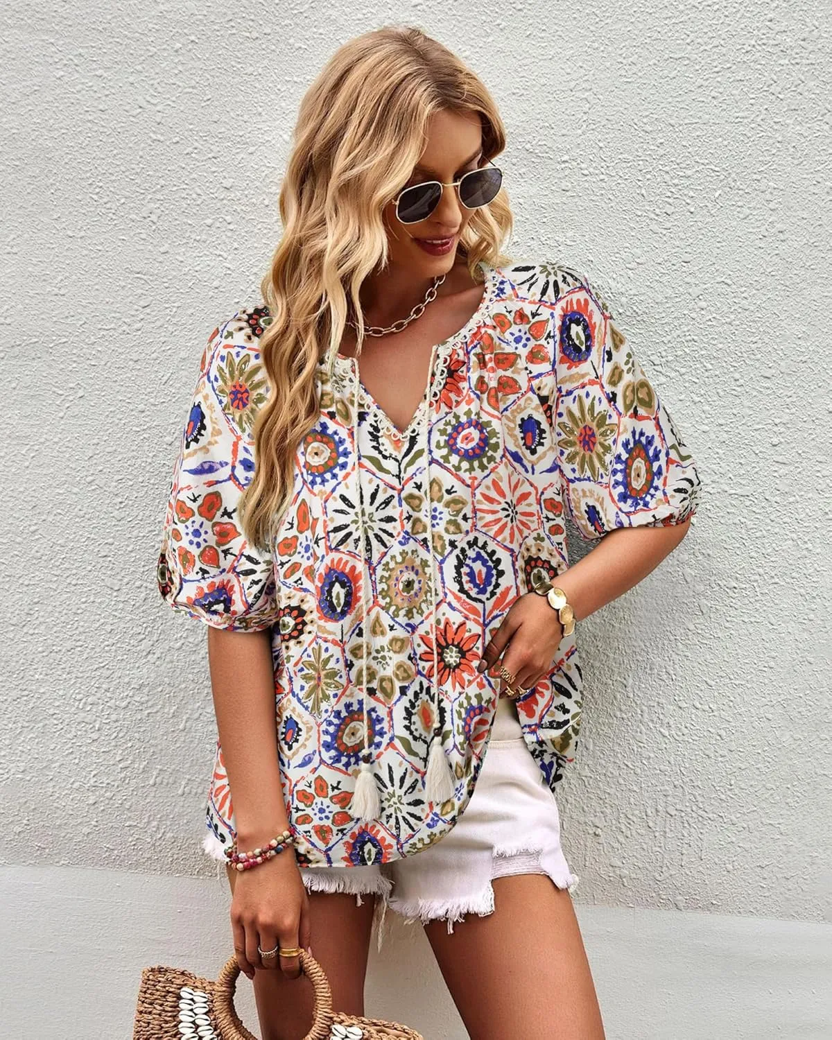 Vivilli Womens Summer Boho Tops Casual V Neck Short Sleeve Blouses Floral Print Shirt Tie Front Flowy Vacation Clothes