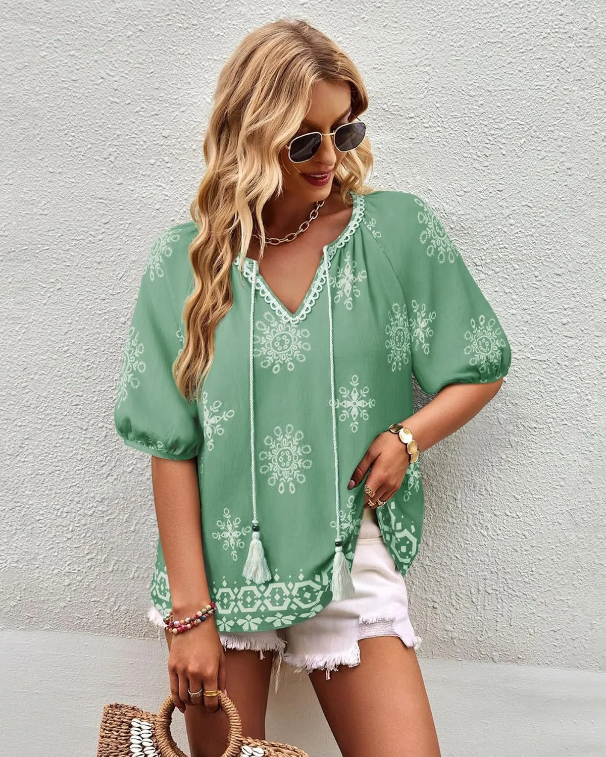 Vivilli Womens Summer Boho Tops Casual V Neck Short Sleeve Blouses Floral Print Shirt Tie Front Flowy Vacation Clothes