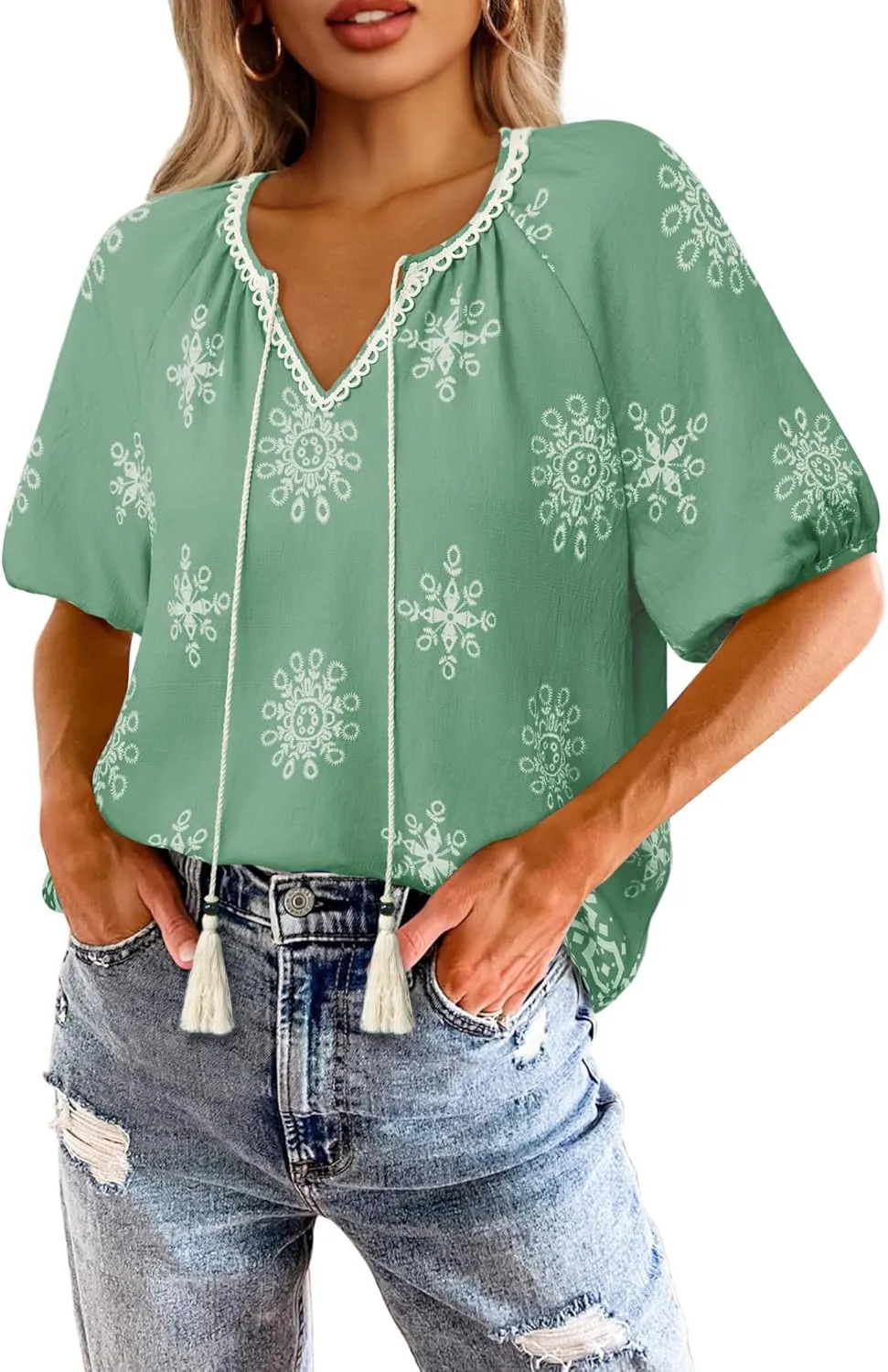Vivilli Womens Summer Boho Tops Casual V Neck Short Sleeve Blouses Floral Print Shirt Tie Front Flowy Vacation Clothes