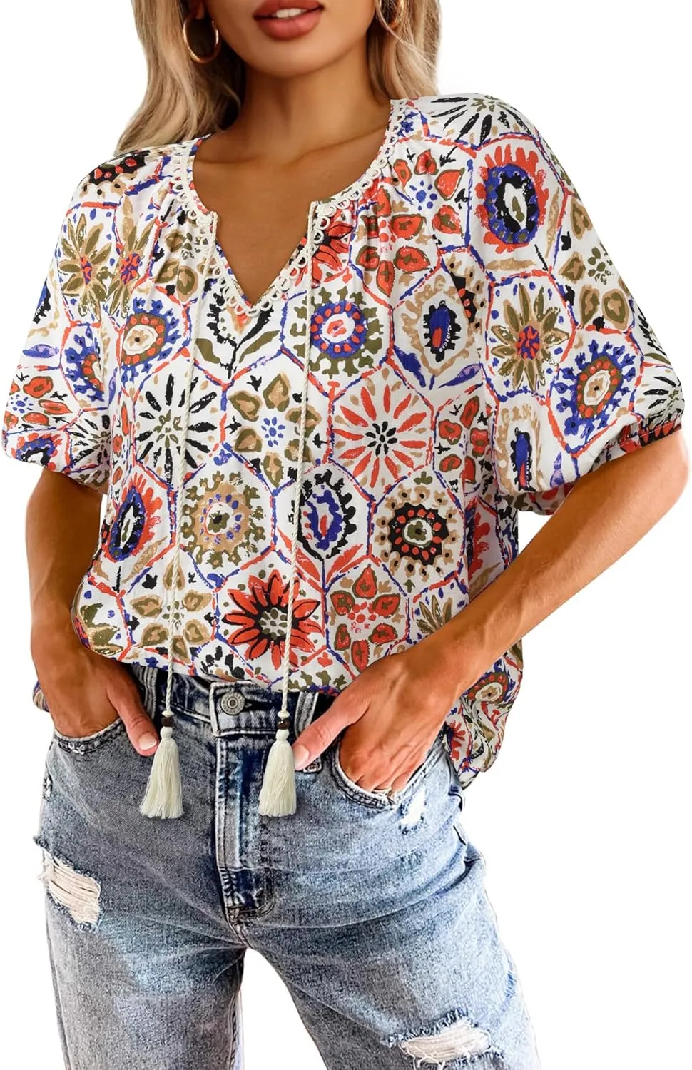 Vivilli Womens Summer Boho Tops Casual V Neck Short Sleeve Blouses Floral Print Shirt Tie Front Flowy Vacation Clothes