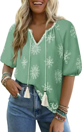 Vivilli Womens Summer Boho Tops Casual V Neck Short Sleeve Blouses Floral Print Shirt Tie Front Flowy Vacation Clothes