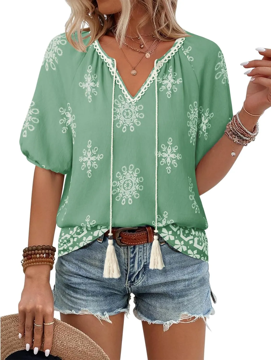 Vivilli Womens Summer Boho Tops Casual V Neck Short Sleeve Blouses Floral Print Shirt Tie Front Flowy Vacation Clothes
