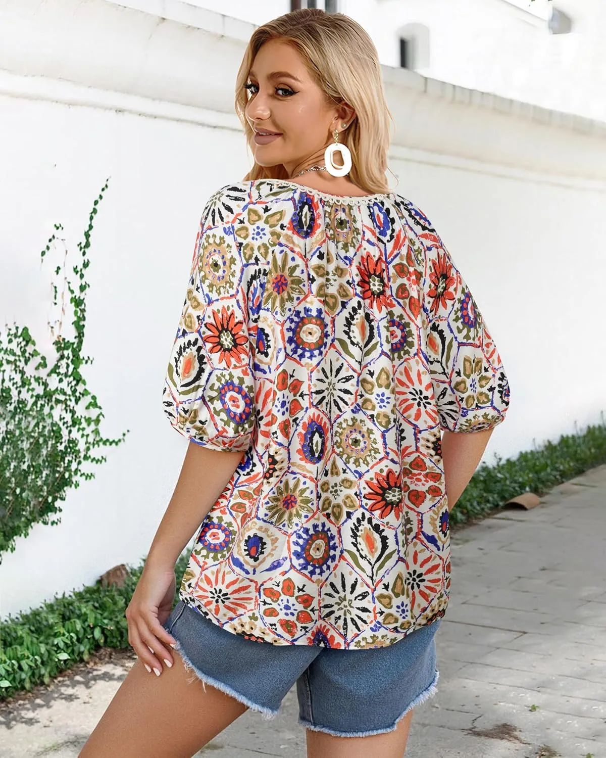 Vivilli Womens Summer Boho Tops Casual V Neck Short Sleeve Blouses Floral Print Shirt Tie Front Flowy Vacation Clothes