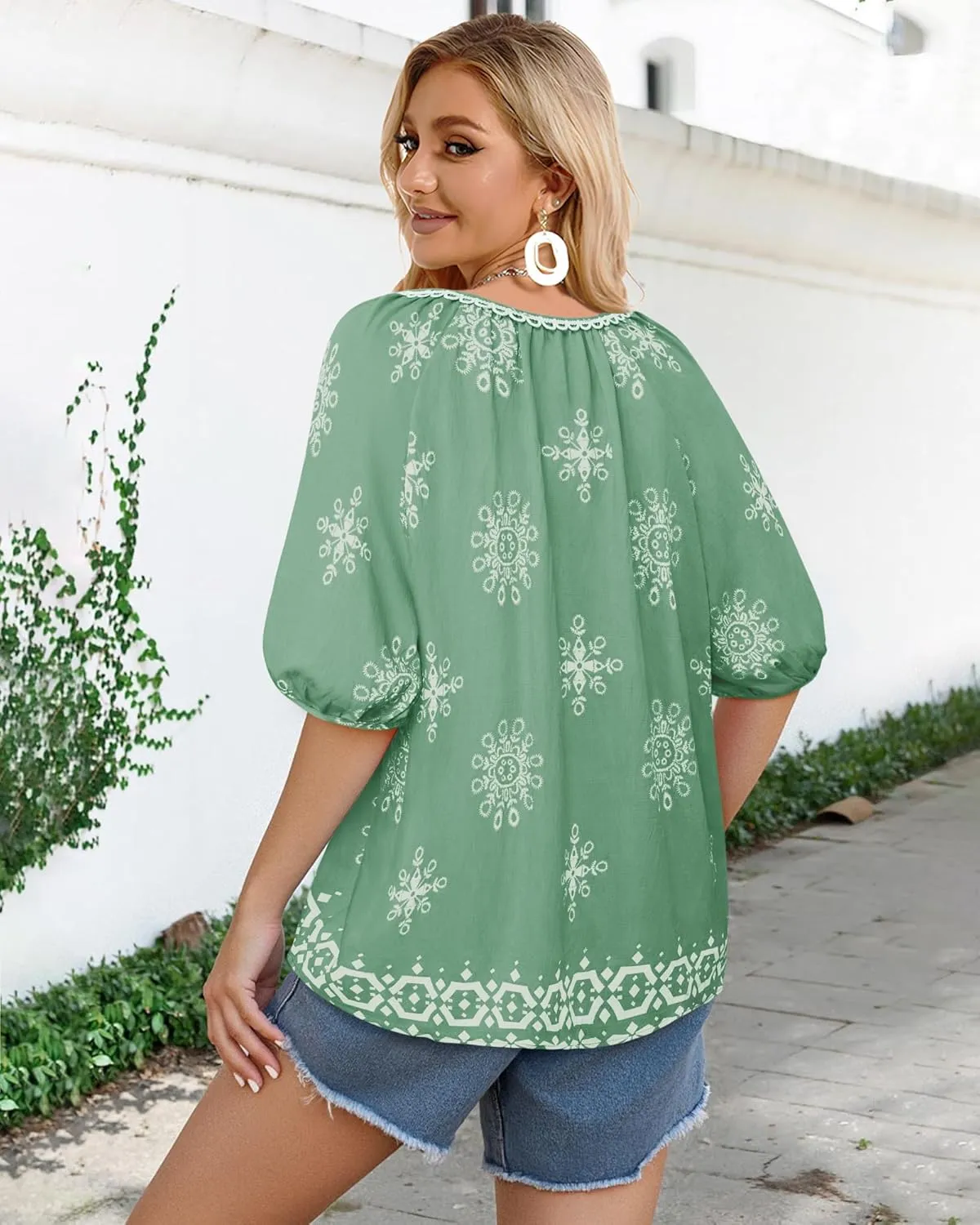 Vivilli Womens Summer Boho Tops Casual V Neck Short Sleeve Blouses Floral Print Shirt Tie Front Flowy Vacation Clothes