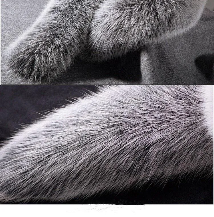 Woman Autumn Winter Thick Warm Wool Coat with Real Fox Fur Collar