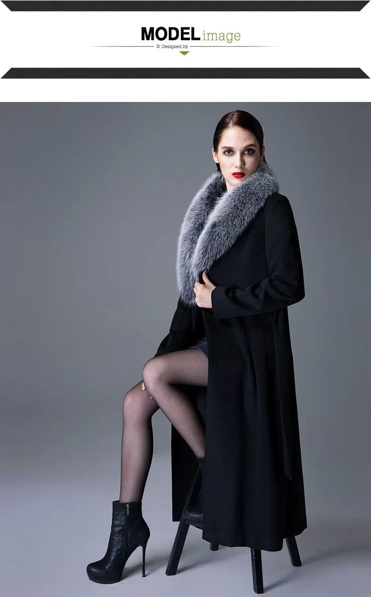 Woman Autumn Winter Thick Warm Wool Coat with Real Fox Fur Collar