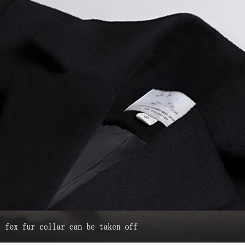 Woman Autumn Winter Thick Warm Wool Coat with Real Fox Fur Collar