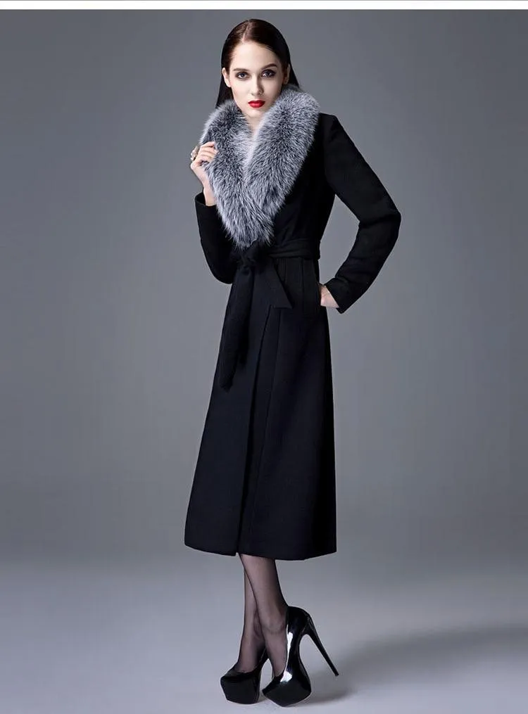 Woman Autumn Winter Thick Warm Wool Coat with Real Fox Fur Collar