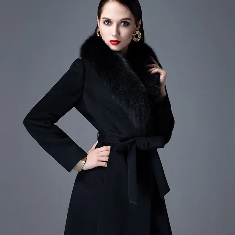Woman Autumn Winter Thick Warm Wool Coat with Real Fox Fur Collar