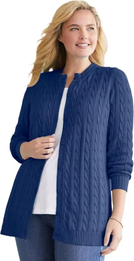 Woman Within Plus Size Cotton Cable Knit Cardigan Sweater