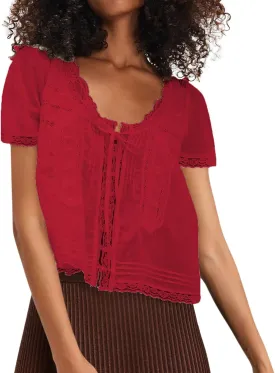 Women Boho Button Down Lace Trim Crop Tee Top Short Sleeve Scoop Neck Ruffle Semi Sheer Flowy Tie Front T Shirt