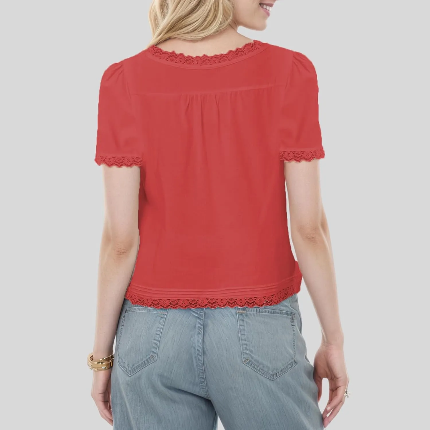 Women Boho Button Down Lace Trim Crop Tee Top Short Sleeve Scoop Neck Ruffle Semi Sheer Flowy Tie Front T Shirt