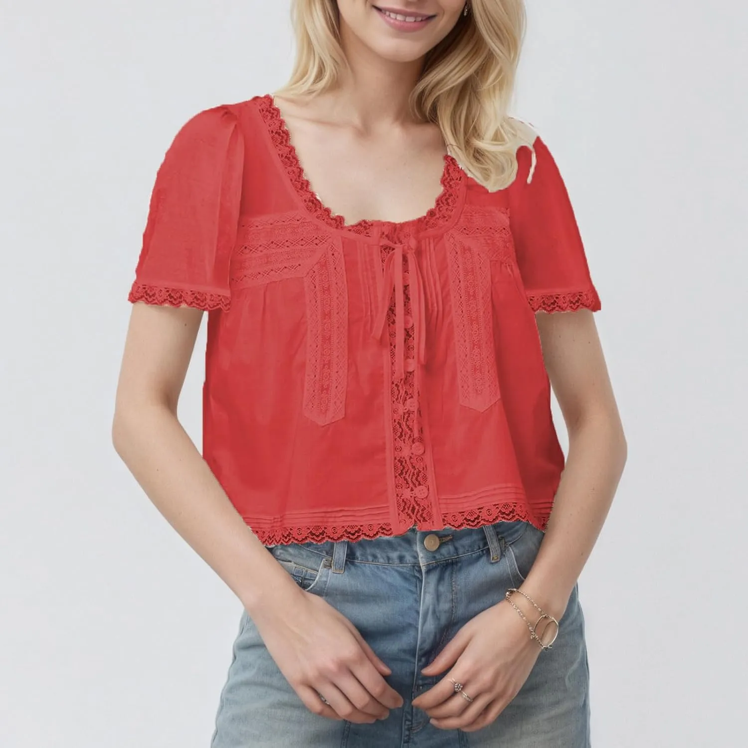 Women Boho Button Down Lace Trim Crop Tee Top Short Sleeve Scoop Neck Ruffle Semi Sheer Flowy Tie Front T Shirt