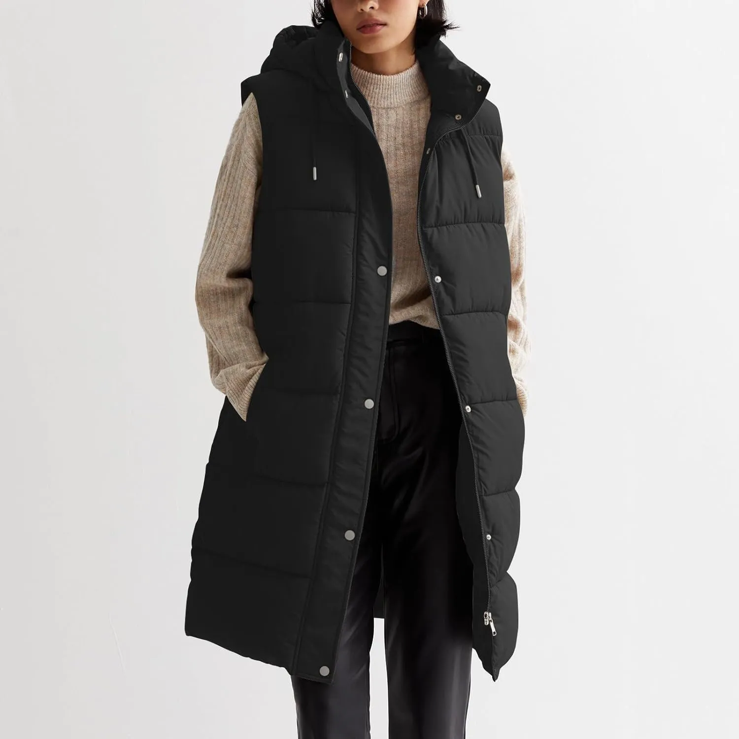 Women Long Puffer Vest Oversized Quilted Vest Zipper Hooded Down Vest Sleeveless Puffy Jacket Winter Outerwear Vests