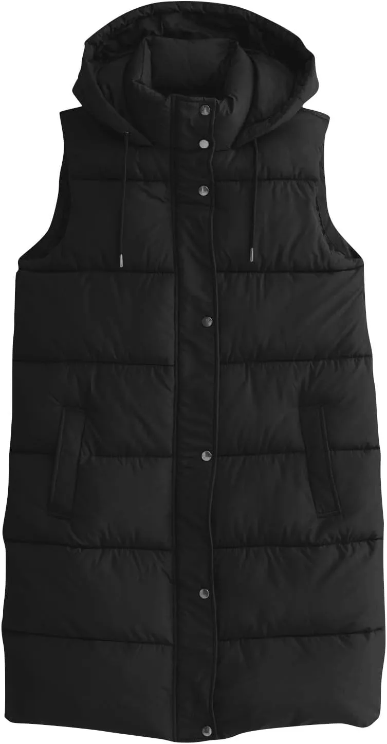 Women Long Puffer Vest Oversized Quilted Vest Zipper Hooded Down Vest Sleeveless Puffy Jacket Winter Outerwear Vests