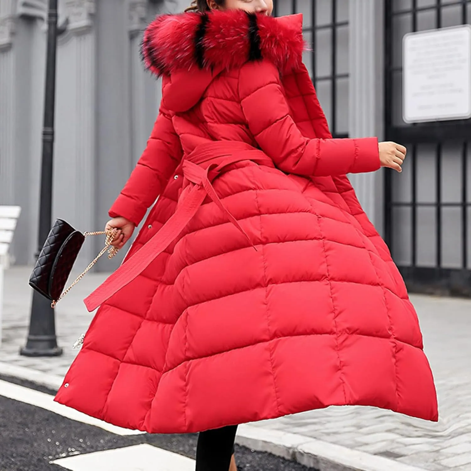 Women Midweight Winter Down Jacket Windproof Packable Faux Fur Collar Hood Thermal Padded Puffer Insulated Coats Outerwear