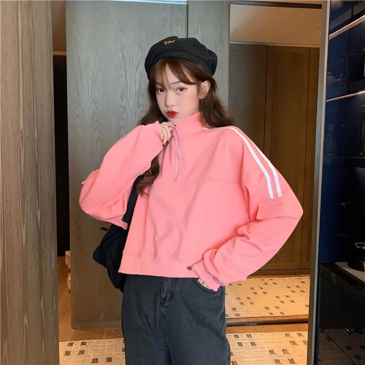 Women's Casual Stripes Stand Collar Short Sweatshirts