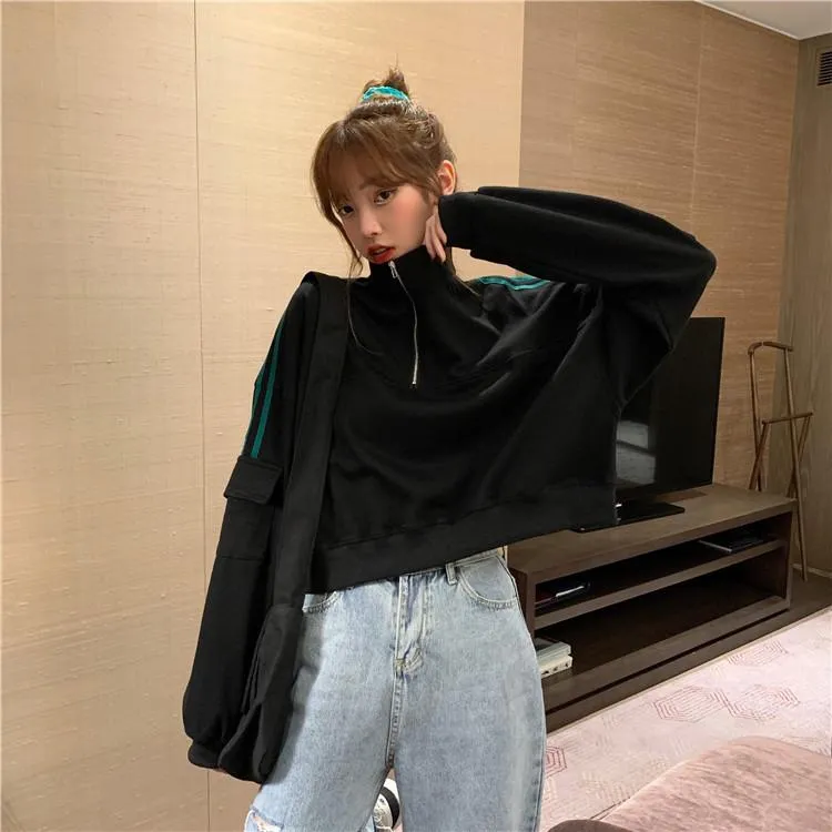 Women's Casual Stripes Stand Collar Short Sweatshirts