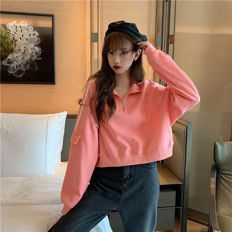 Women's Casual Stripes Stand Collar Short Sweatshirts