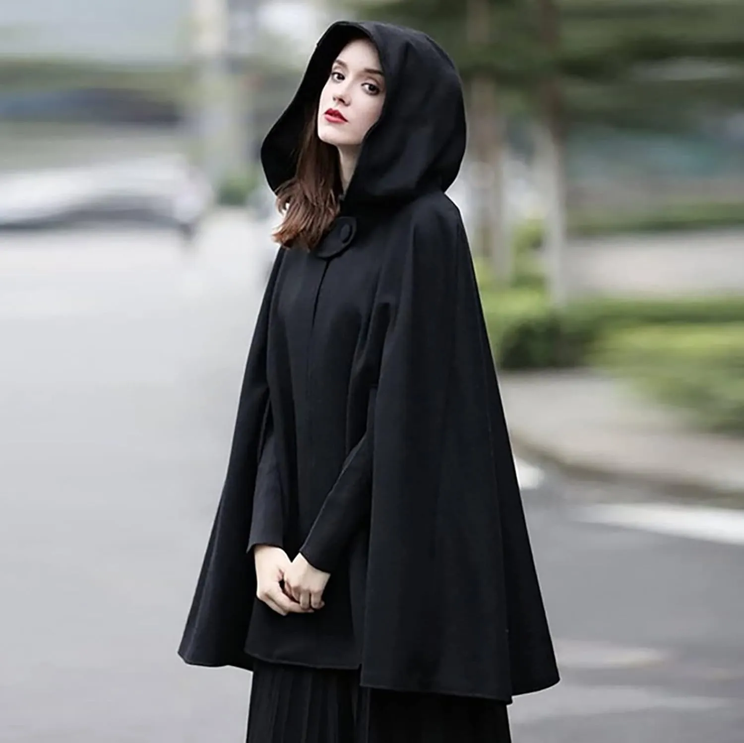 Women's Cloak Hood Wool-Blend Cape Coat Winter Cardigans Plus Size Thick Coat Solid/Classic Scotland Plaid Jackets