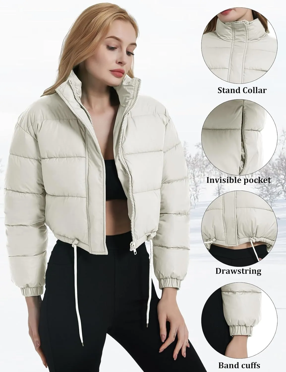 Womens Cropped Puffer Jacket Zip-Up Padded Quilted Short Coats Drawstring Winter Down Coat