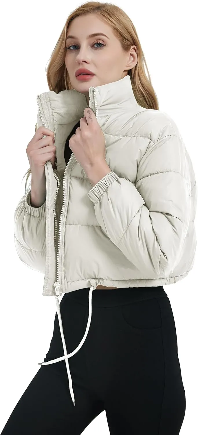 Womens Cropped Puffer Jacket Zip-Up Padded Quilted Short Coats Drawstring Winter Down Coat