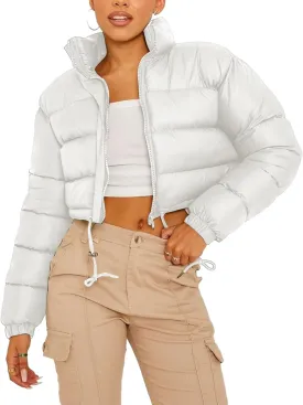 Womens Cropped Puffer Jacket Zip-Up Padded Quilted Short Coats Drawstring Winter Down Coat