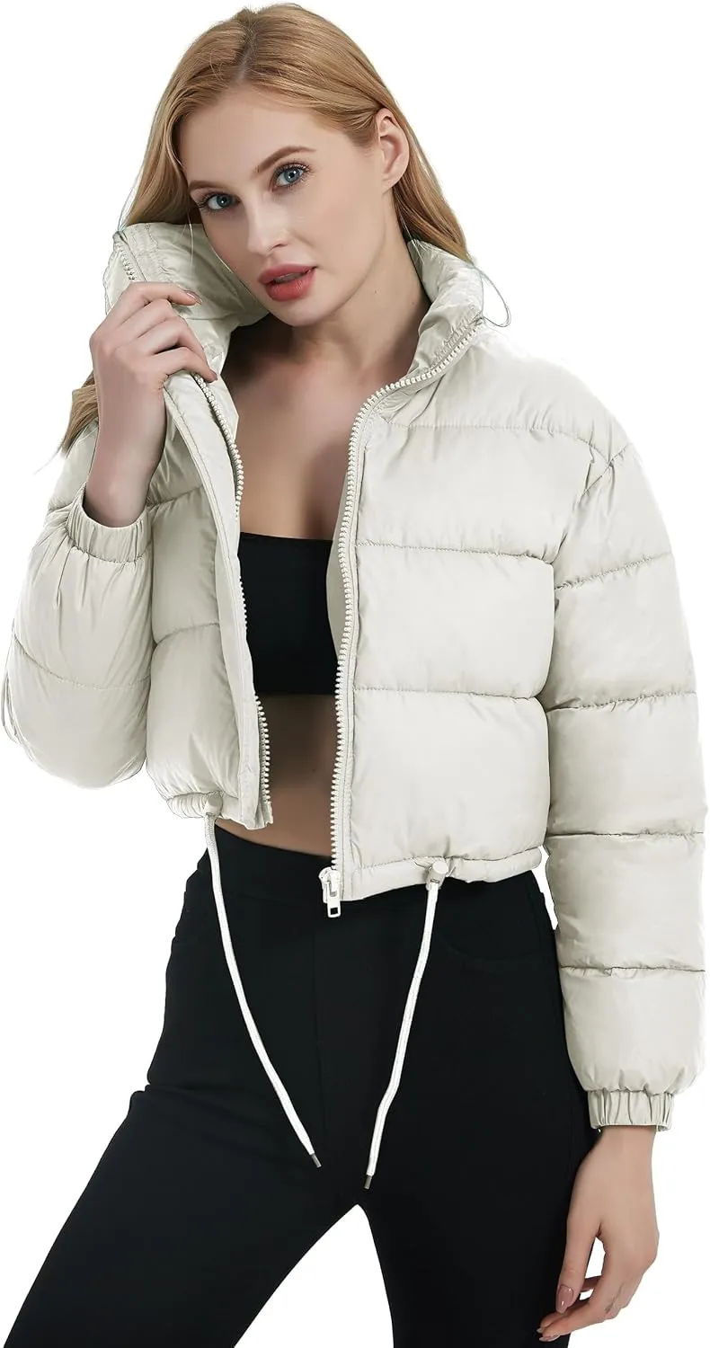 Womens Cropped Puffer Jacket Zip-Up Padded Quilted Short Coats Drawstring Winter Down Coat