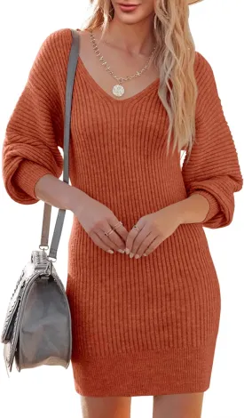 Womens Sweater Dress Long Sleeve V Neck Sexy Bodycon Mini Dress 2023 Spring Knit Cute Pullover Dresses