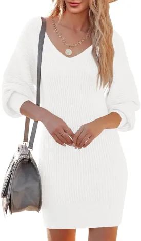 Womens Sweater Dress Long Sleeve V Neck Sexy Bodycon Mini Dress 2023 Spring Knit Cute Pullover Dresses