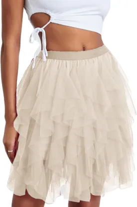 Women's Tulle Mini Skirt Ruffled Mesh Puffy Ballet Tutu Skirts 50s Carnival Party Elastic Waist Short Underskirts