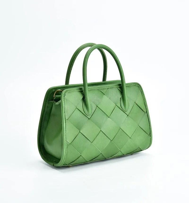 Woven Leather Shoulder Bag, Soft Woven Handbag, Leather Boston Bag, Handmade Shoulder Bag, Modern Leather Crossbody Bag, Forest Green/Brown