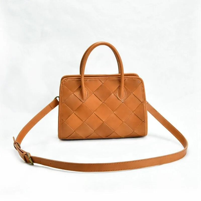 Woven Leather Shoulder Bag, Soft Woven Handbag, Leather Boston Bag, Handmade Shoulder Bag, Modern Leather Crossbody Bag, Forest Green/Brown