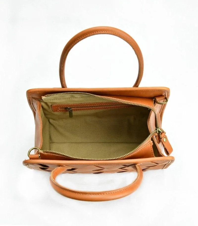 Woven Leather Shoulder Bag, Soft Woven Handbag, Leather Boston Bag, Handmade Shoulder Bag, Modern Leather Crossbody Bag, Forest Green/Brown