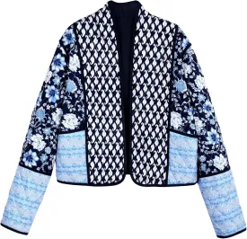 Wyeysyt Women's Cropped Puffer Quilted Jacket Cardigan Floral Printed Lightweight Long Sleeve Open Front Short Padded Coats
