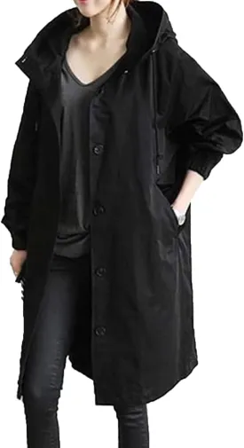 XUETON Womens Oversize Jacket Coats Outdoor Breathable Waterproof Lightweight Hooded Long Trench Coat Black