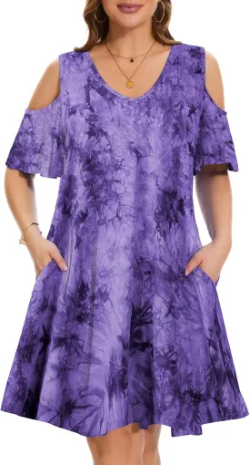 ZENNILO Plus Size Tshirt Dress Cold Shoulder Summer Dresses V Neck Short Sleeve Swing Dress for Women with Pockets
