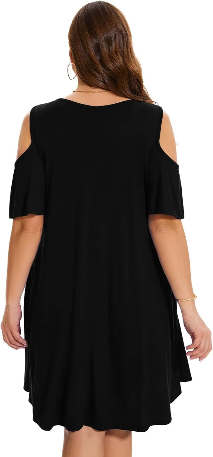 ZENNILO Plus Size Tshirt Dress Cold Shoulder Summer Dresses V Neck Short Sleeve Swing Dress for Women with Pockets